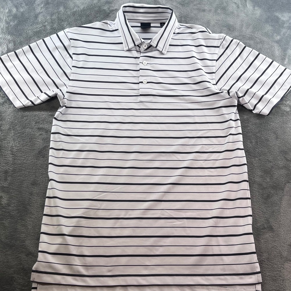 Dunning Golf Mens Medium White Navy Blue Striped Performance Polo Shirt RN128492
